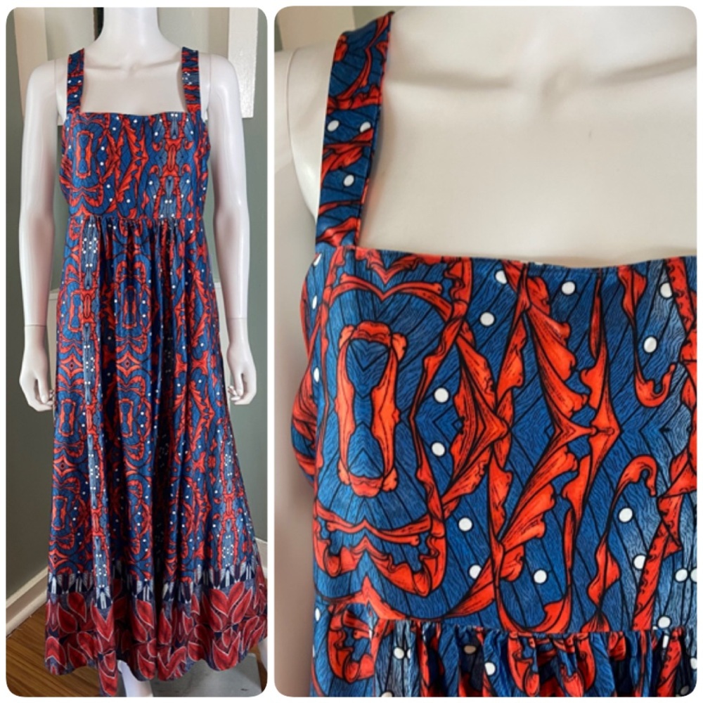 NWT New Stitch Drop Nordstrom Volcano Blue Red Maxi Dress Satin Sundress Large L